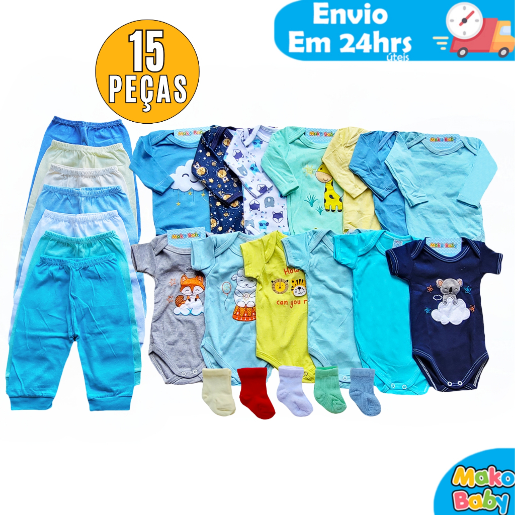 Kit 15 peças Enxoval Bebê Menino e Menina Body Calça Mijão e Meia Algodão Menino Ou Menina em Oferta na Shopee
