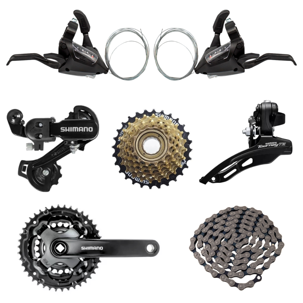 Relação Completa Shimano: Câmbio Dianteiro/Traseiro 7v, Roda Livre 14/28, Pedivela Tourney, Passador Rapid Fire