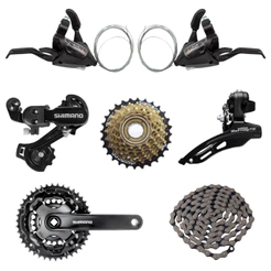 Relação Completa Shimano: Câmbio Dianteiro/Traseiro 7v, Roda Livre 14/28, Pedivela Tourney, Passador Rapid Fire