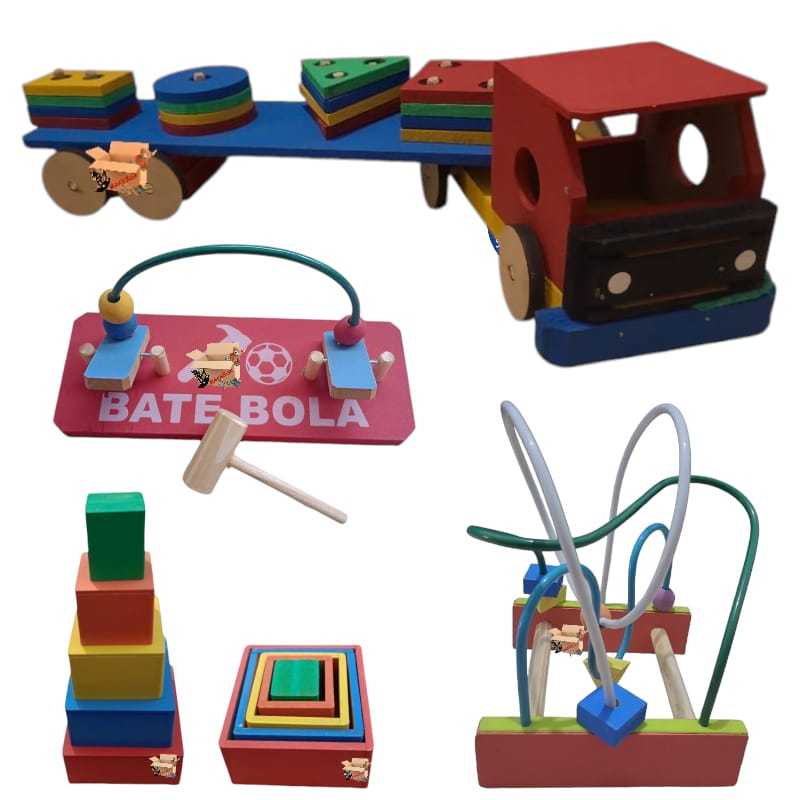 Kit Brinquedo Pedagógico Madeira Cubo De Encaixe, Carreta Prancha, Aramado M e Bate Bola
