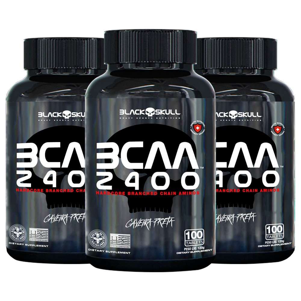 Kit 3x Bcaa 2400mg - 100 Tabletes cada - Caveira Preta / Black Skull - Health
