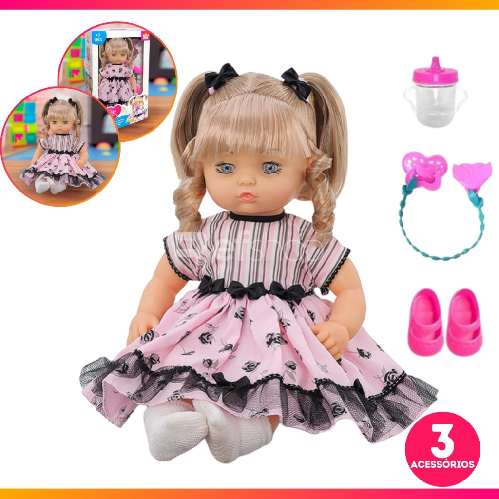 Boneca Anjos Baby C/ Chupeta Mamadeira e Cheirinho Cabelo Loiro Vínil Macio
