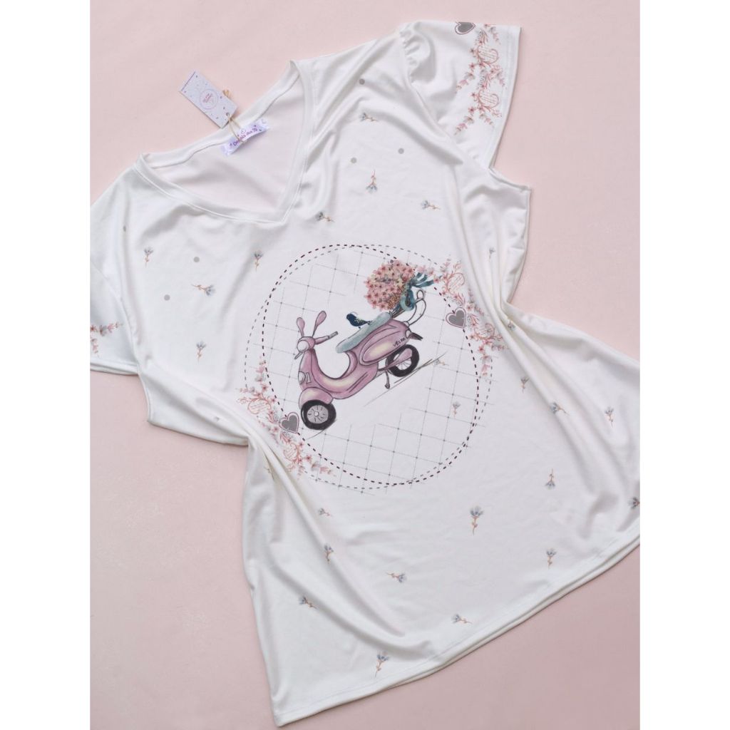 Camiseta Blusa Tshirt Fofa Básica Motinho Moto Vespa Scooter Rosa Poliéster Elastano Tamanho P ao XG