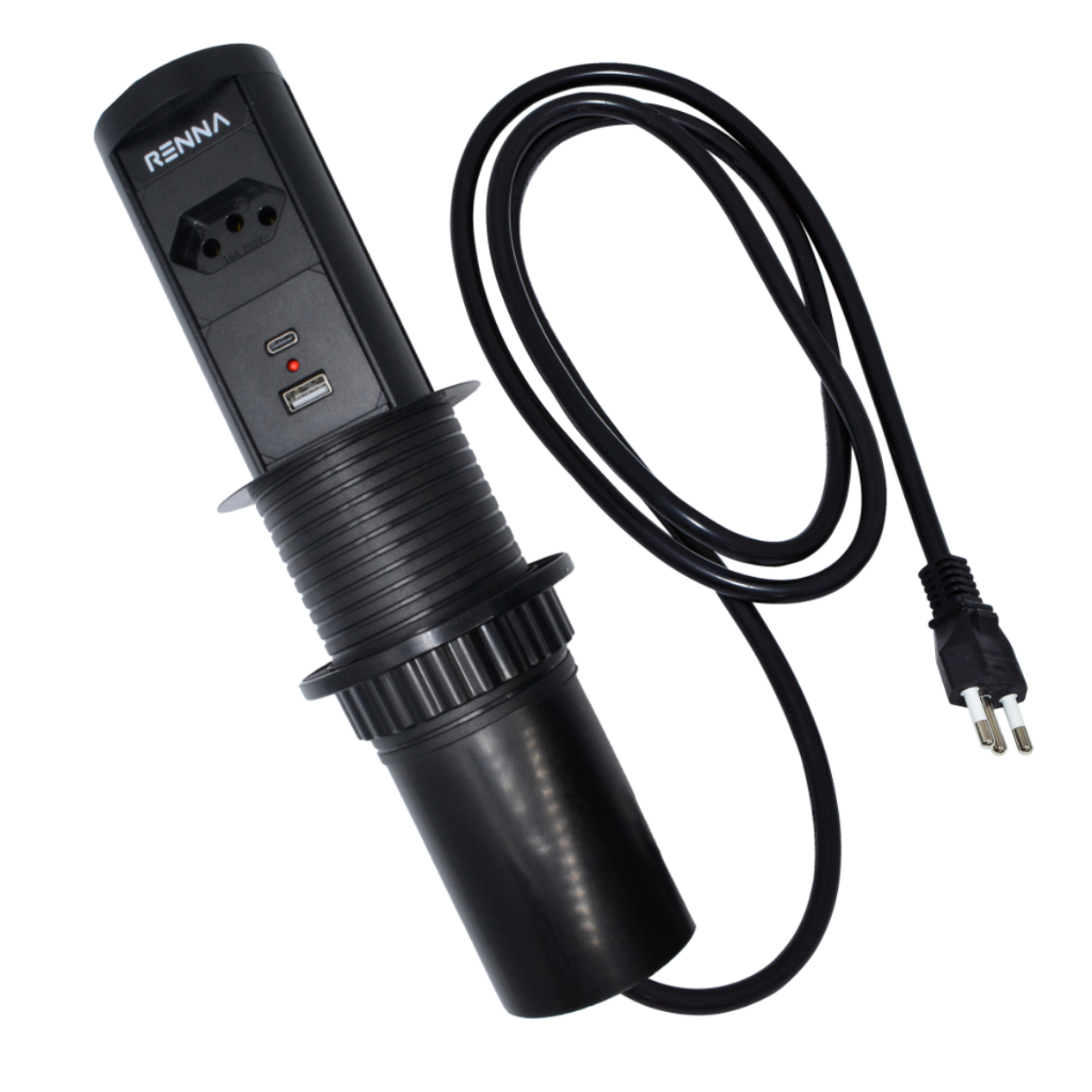 Torre de Tomada de embutir com entrada USB Tipo C e Wireless por Indução Preta Renna