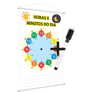 Banner pedagógico plastificado escreve e apaga Horas e minutos do dia em Oferta na Shopee