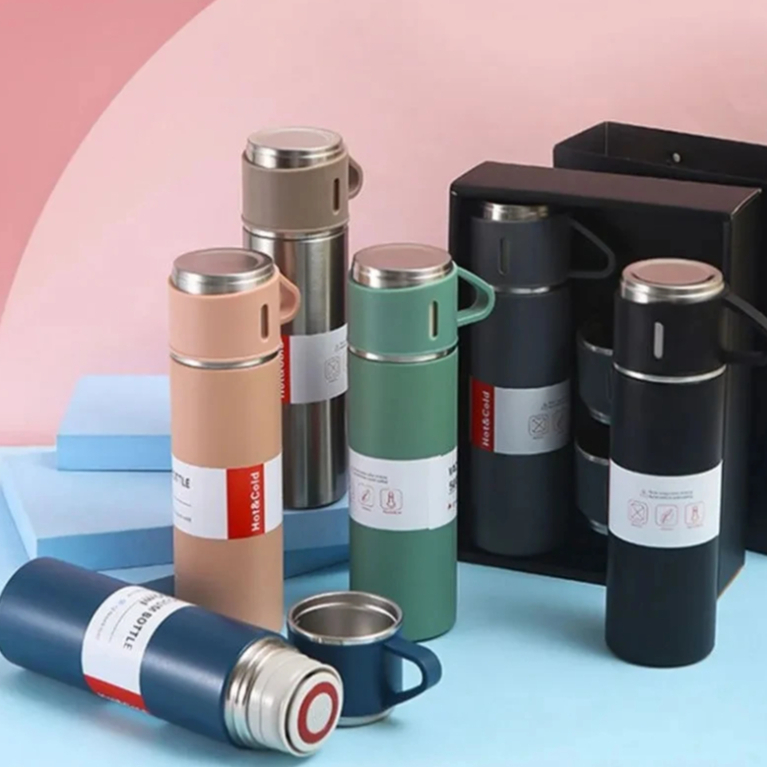 Kit Com 3 Xícaras Garrafa 500ML  Aço Inox Fosca Copo