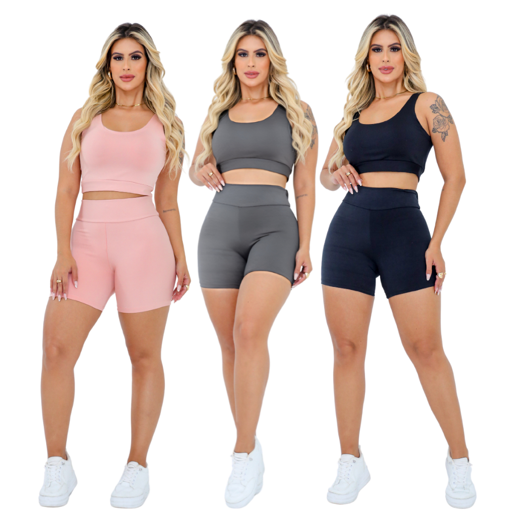 KIT 3 Conjuntos Top + Short Suplex Roupas Academia Moda Fitness Cintura Alta Fitness