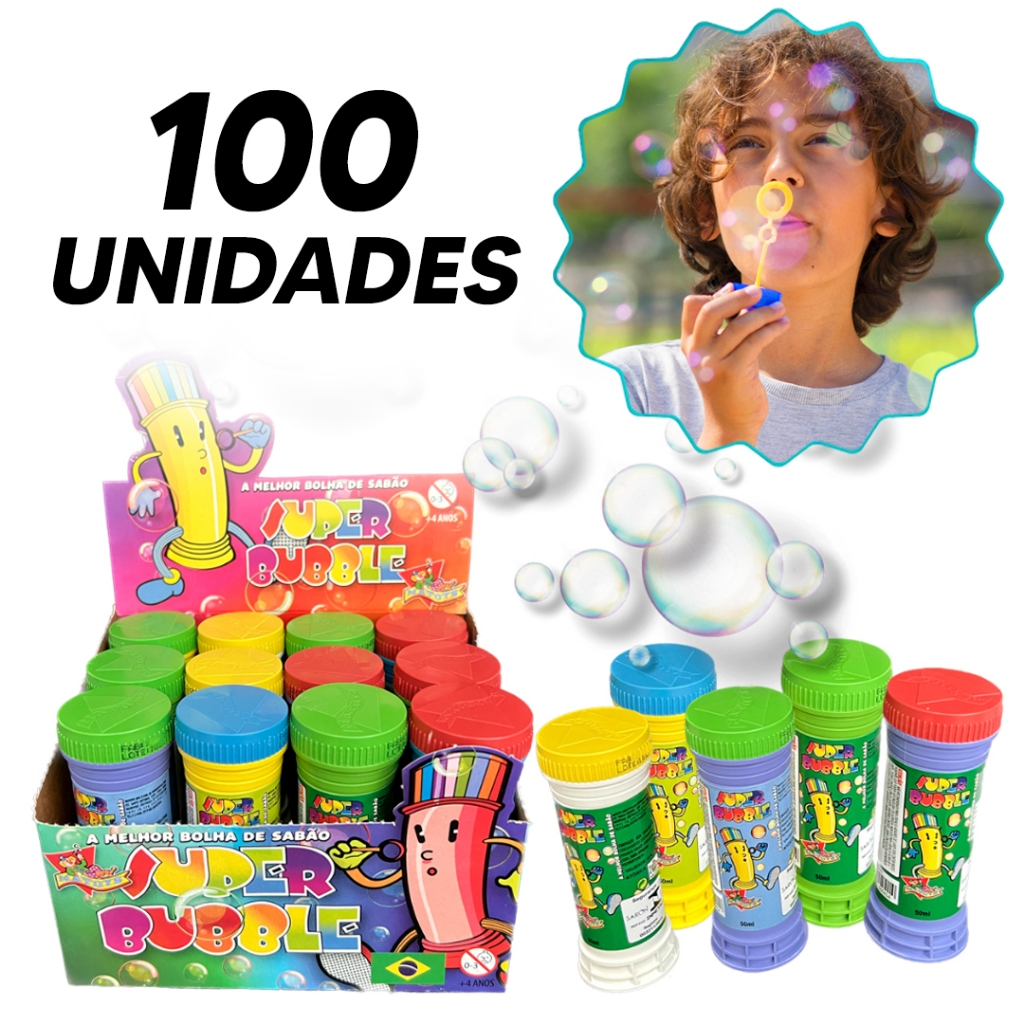 Kit Atacado 100 Bolha de Sabão Brinquedo Infantil p/ Festa Junina Dia das Crianças Promoção Oferta