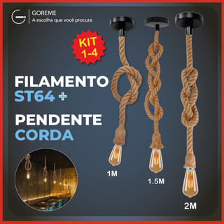 Pendente Corda 2M + Filamento Led St64 4W Retro Vintage Rústico Sisal E27 Luz Quente Bivolt 110-220V em Oferta na Shopee