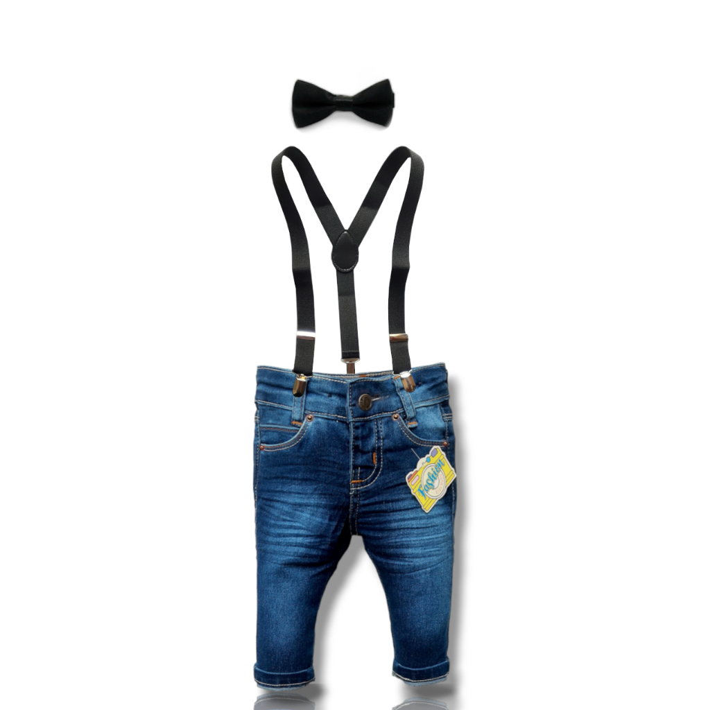 Roupa Infantil Calça Jeans Elastano Fashion com Suspensório e Gravatinha borboleta Bebê Menino