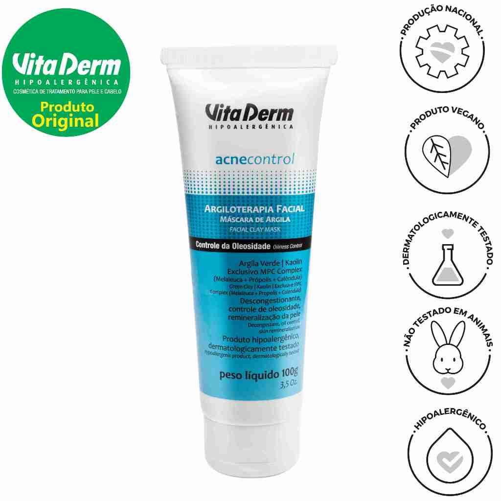MÁSCARA DE ARGILOTERAPIA FACIAL ACNE CONTROL 100GR - VITA DERM em Oferta na Shopee