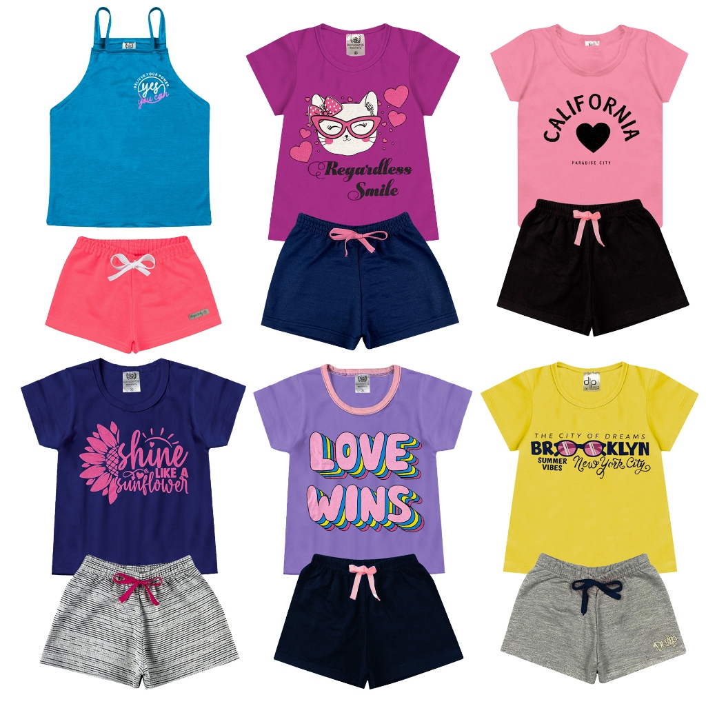 Kit Com 3 Conjuntos Infantil Feminino Roupa De Criança Para Menina Baby Look e Shorts