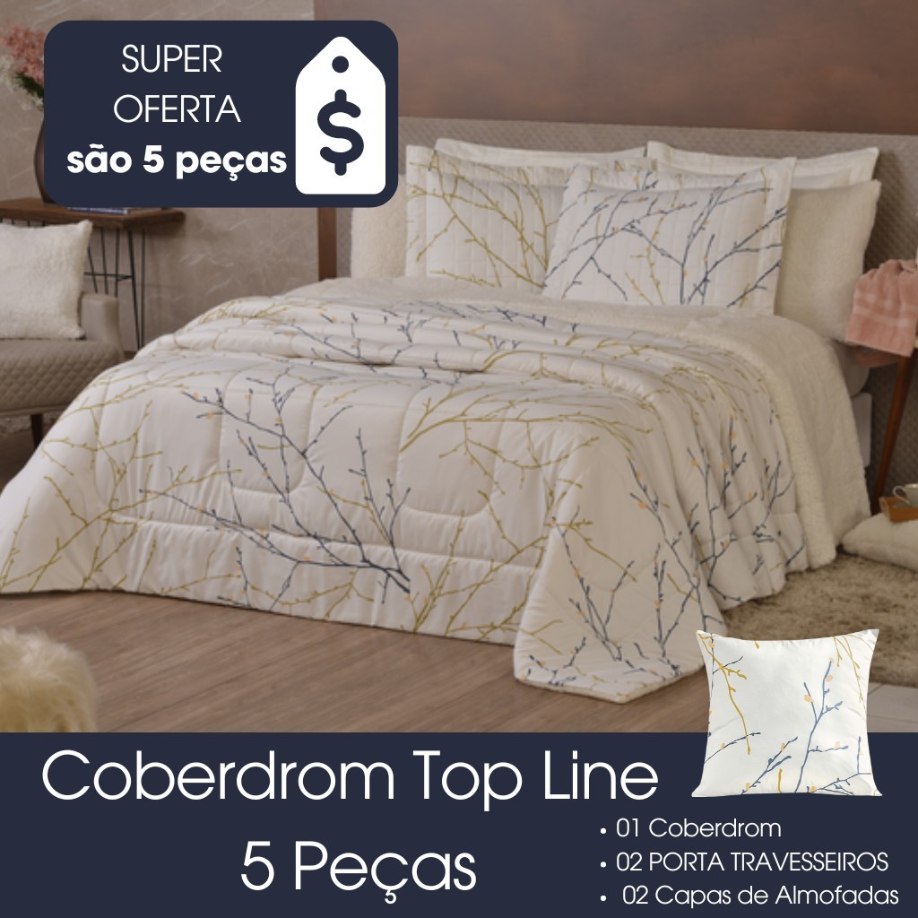 Kit Coberdrom Top Line Queen Dupla Face Fleece / Sherpa com 5 peças (com porta e capa de Almofada)