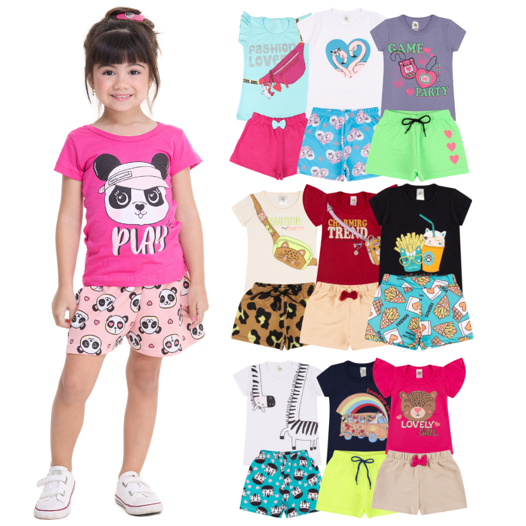 Kit Sortido 20 Peças de Roupas Infantil Menina (10 Camisetas + 10 Bermudas) Kit 10 Conjuntos Menina em Oferta na Shopee