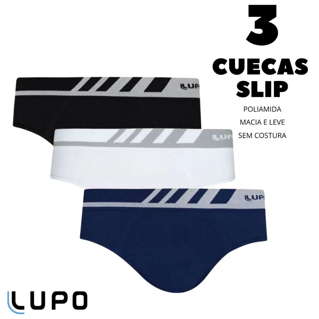 Kit 3 Cueca Slip Masculina Microfibra Lupo Sem Costura Elastano