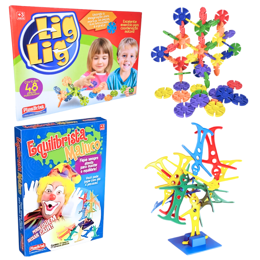 Kit 2 Brinquedos Educativos Lig Lig Equilibrista Maluco Colorido Aprendizado Infantil Montagem