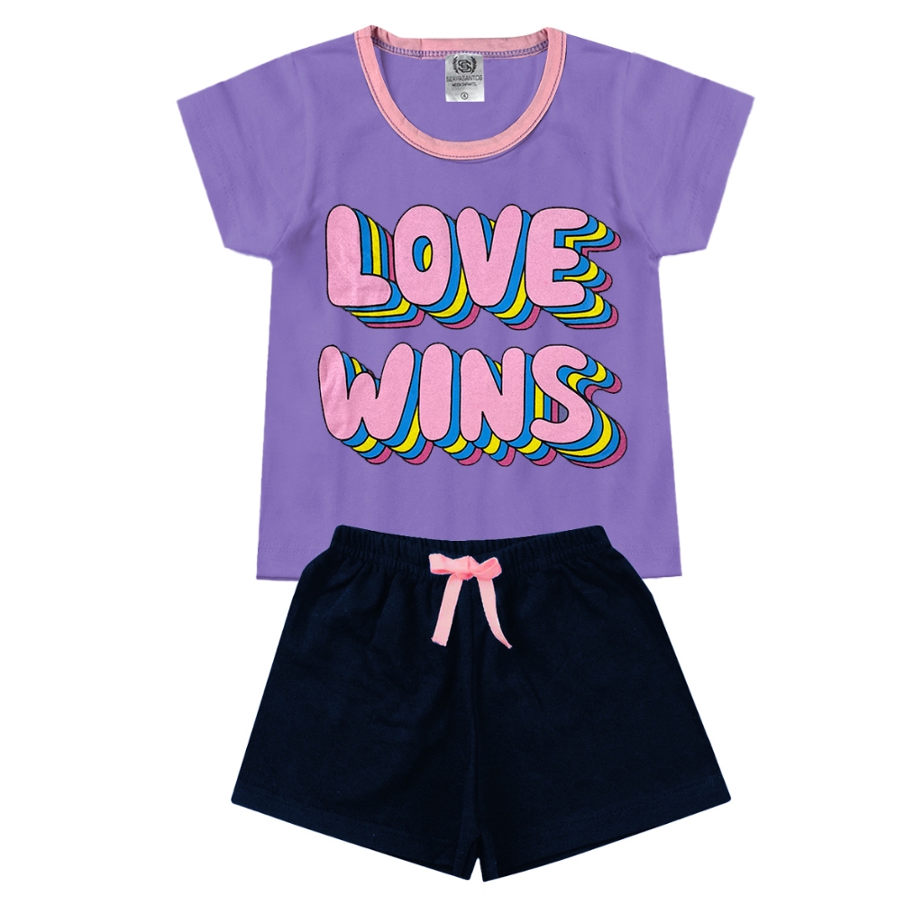 Conjunto Infantil Juvenil Love Roxo Feminino Menina - Duas Peças: Shorts + Camiseta - Tamanho 02 a 04
