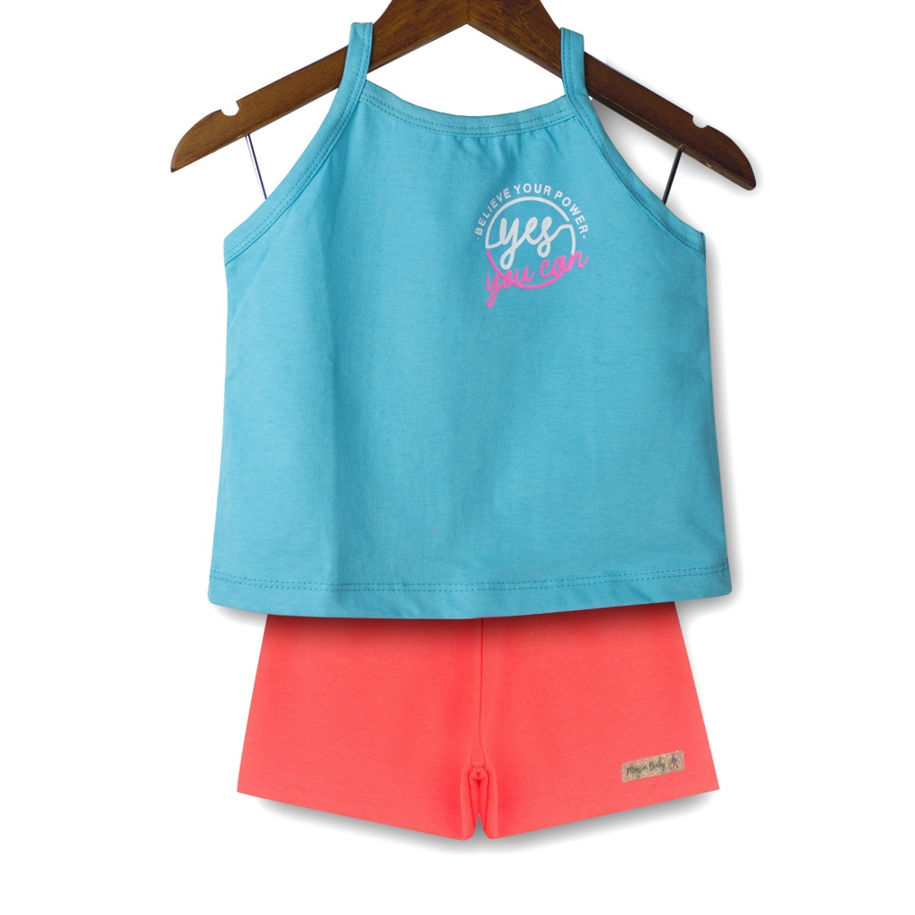 Conjunto Infantil Juvenil Cropped Alcinha Azul Feminino Menina - Duas Peças: Shorts + Camiseta - Tamanho 02 a 04
