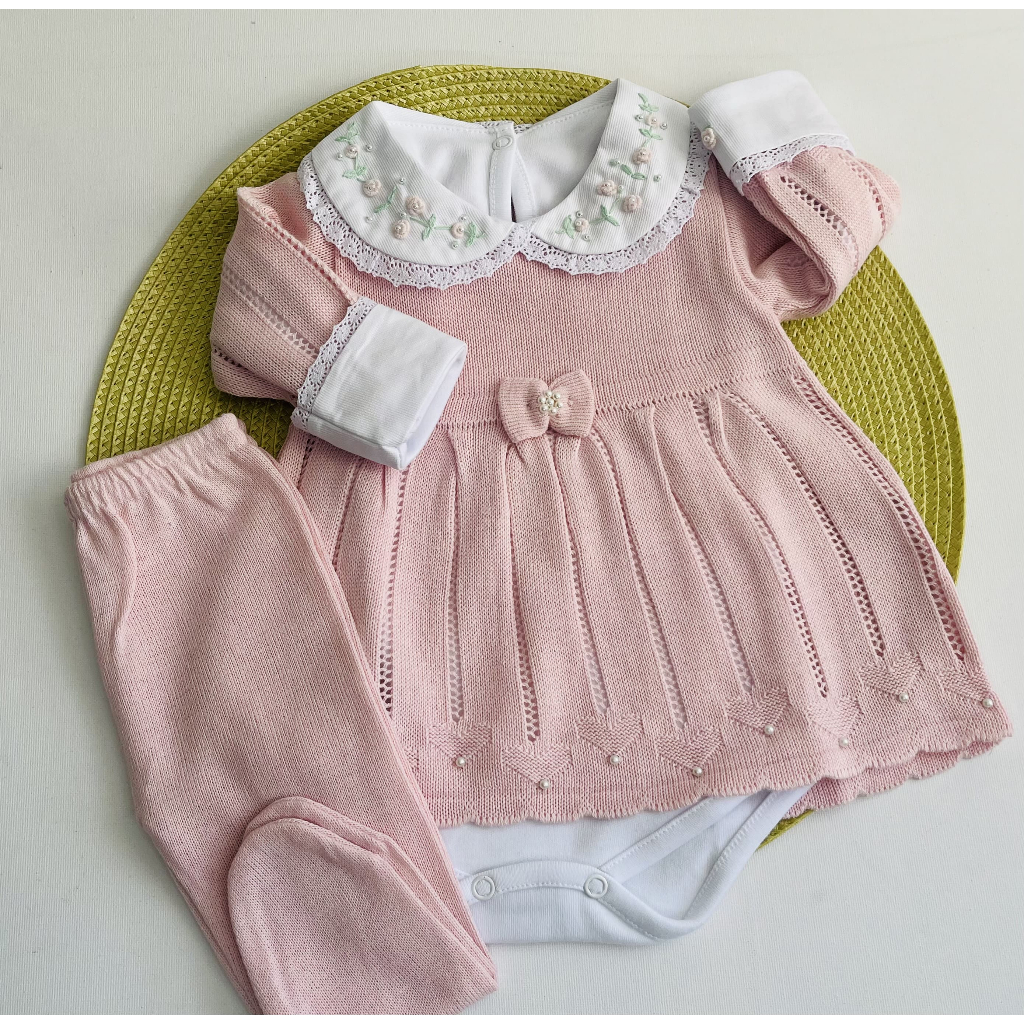Vestido Tricot Alice RN bebê + body rococó bordados a mão