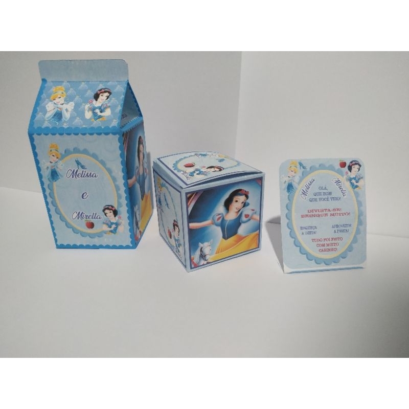 Kit Cinderela e Branca de Neve - Enfeite de Mesa - Caixinha Surpresa - Caixinha Milk Luxo 3x1