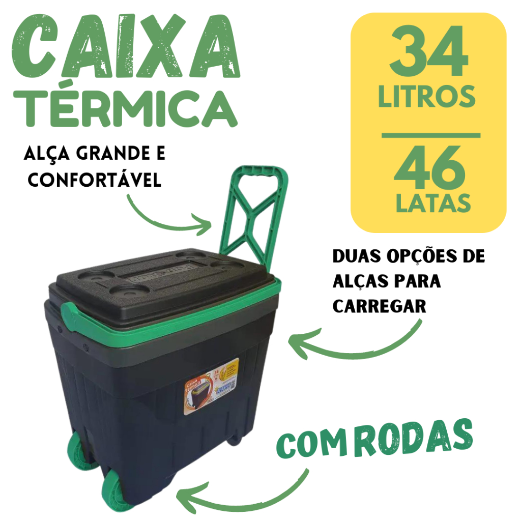 CAIXA TÉRMICA  46 LATAS DE 350ML, 34 LITROS C/ RODAS E ALÇAS,  USO NO CAMPING, PRAIA, PESCA, E LAZER