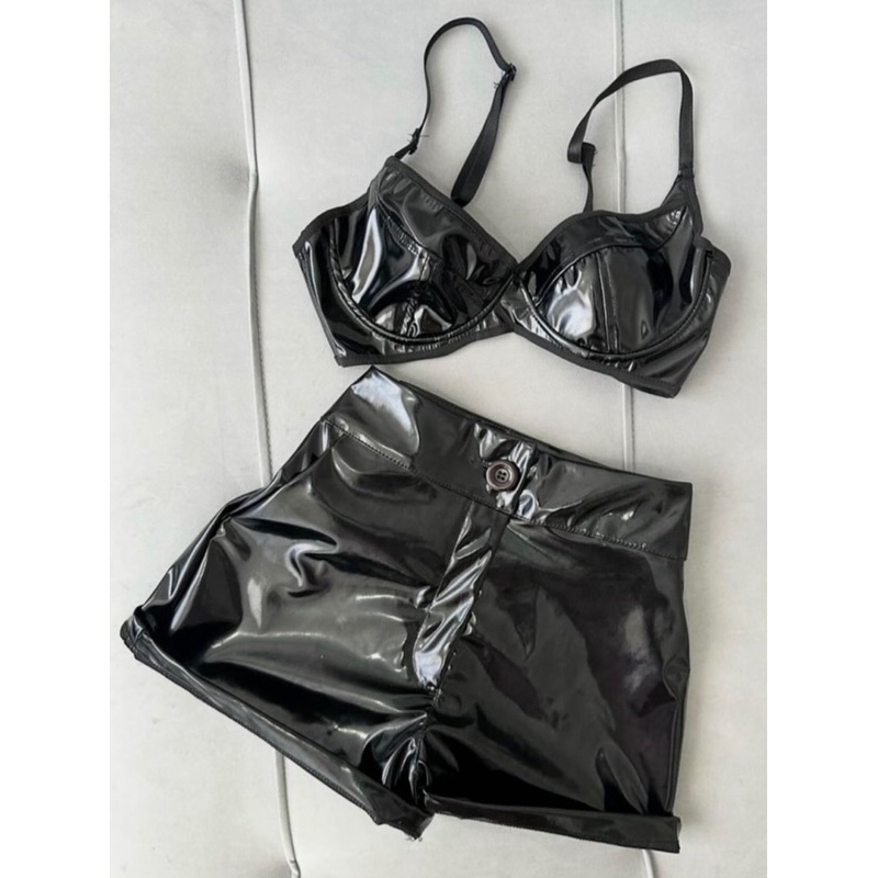 Conjunto Top e Short de Vinil Cropped Vinil Look Balada Festa Tendência em Oferta na Shopee