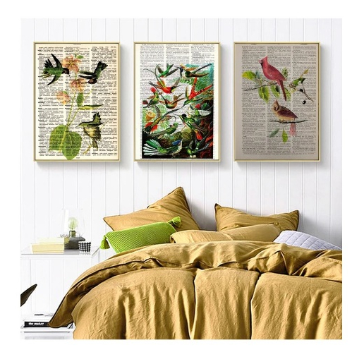 Quadros decorativos Retro arte pássaro pintura em tela ramos de árvore ilustração em livros arte (3 peças)