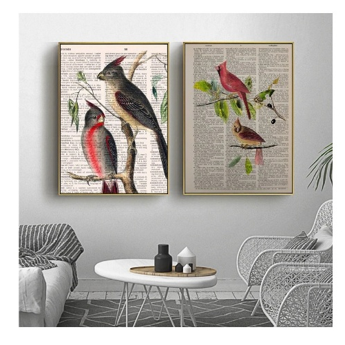 Quadros decorativos Retro arte pássaro pintura em tela ramos de árvore ilustração em livros arte (2 peças)