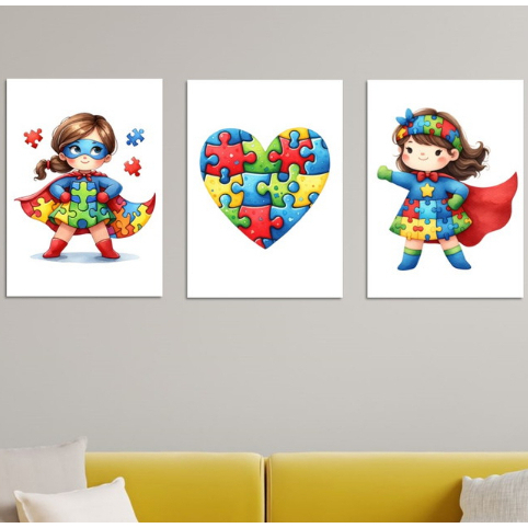 QUADROS DECORATIVOS AUTISMO INFANTIL MENINA HEROI 3 PEÇAS em Oferta na Shopee