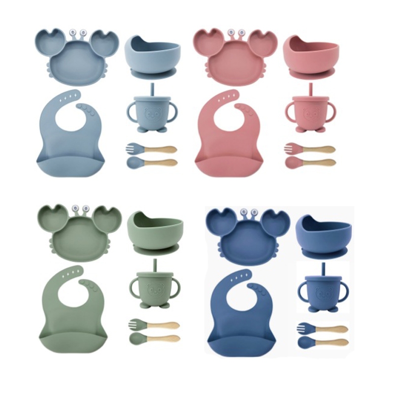 6PCS/kit Caranguejo Conjunto Talheres do Bebê Prato De Jantar De Silicone Para Bebês Com Tigela De ventosa em Oferta na Shopee