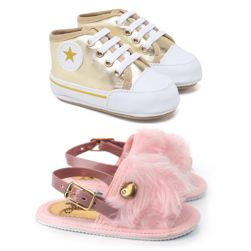 Sandalinha pantufa de pelúcia e Tênis Bebê cano alto kit 2 pares
