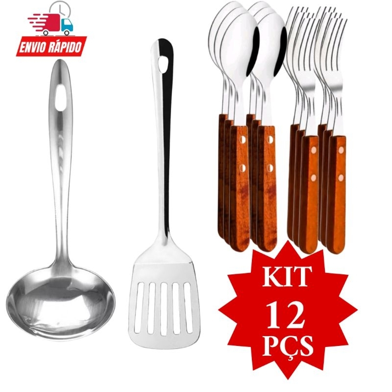 Kit Conjunto 12 Peças  5 Garfos de Inox com Cabo de Madeira 5  Colheres de Inox com Cabo de Madeira  1 Concha Inox  1 Espátula Vazada  Inox