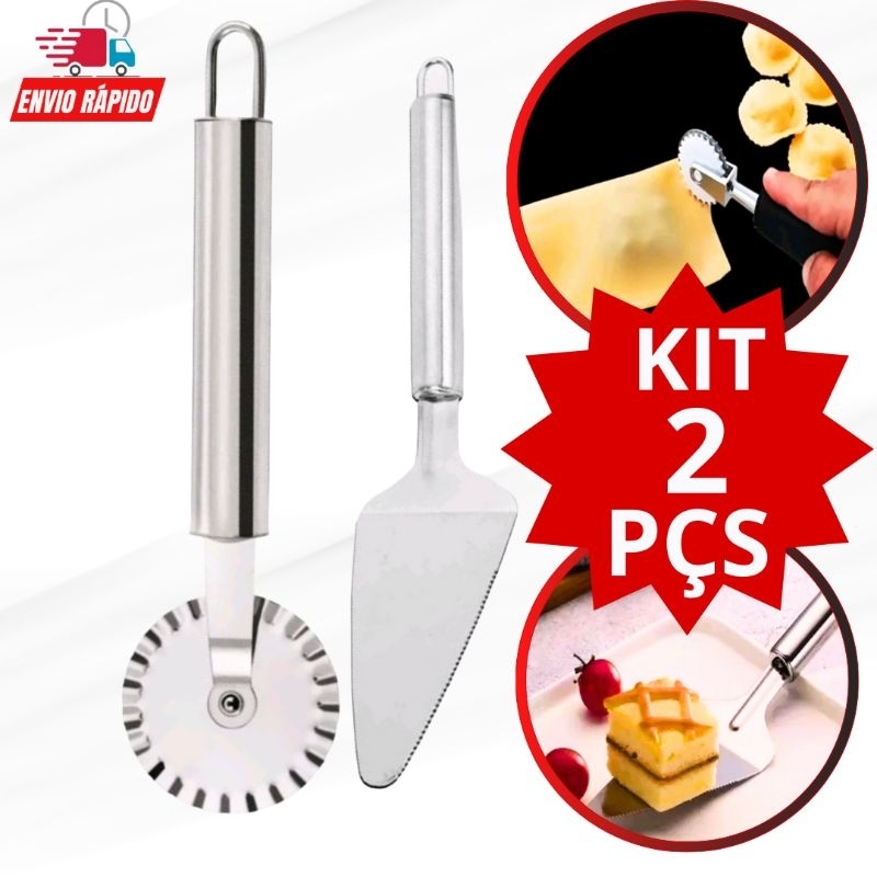 Kit Conjunto 2 Peças  1 Espátula  de Bolo Inox 1 Carretilha Cortador de Massa Pastel Pizza Abre e fecha Massa Inox Promo