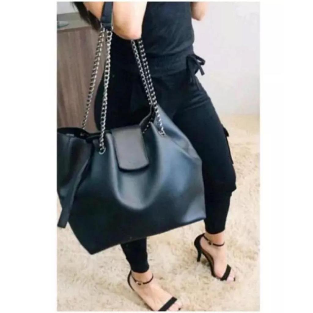 Bolsa Feminina Sacola Espaçosa + Carteira Alça Corrente Grossa em Oferta na Shopee