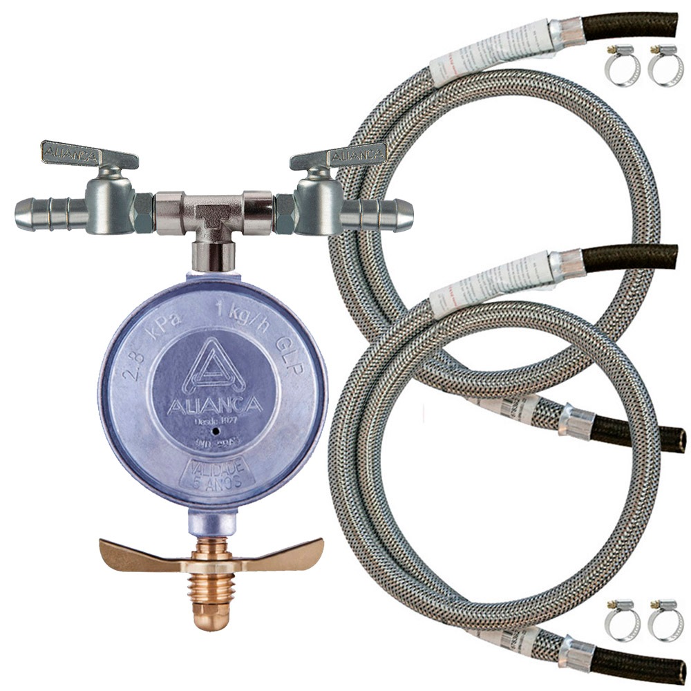 Regulador Registro De Gás Aliança 1kg/h Duplo com 2 Mangueiras Malha de Aço de 1m em Oferta na Shopee