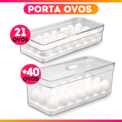 Porta Ovos +40 Cavidades ou 21 Cavidades Organizador de Geladeira Acrílico Transparente C/Tampa Bandeja Plastutti