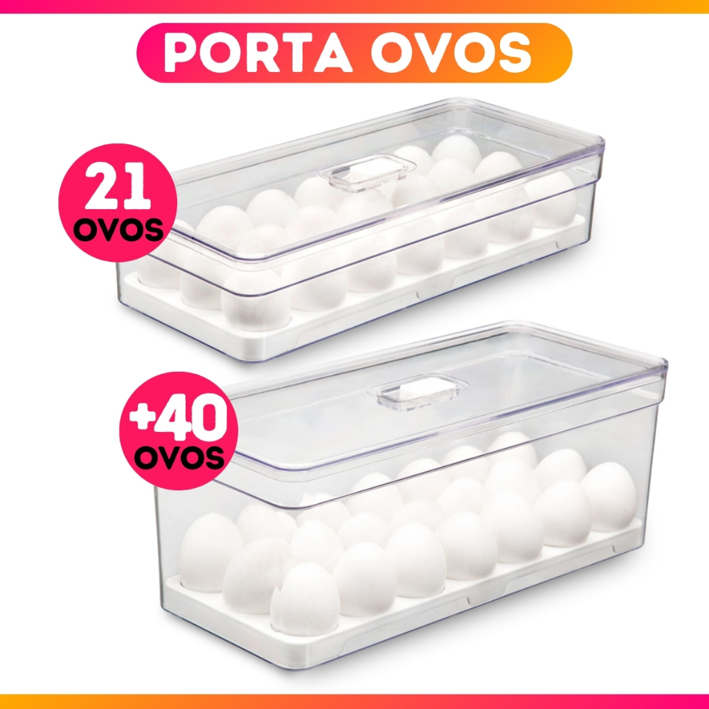 Porta Ovos +40 Cavidades ou 21 Cavidades Organizador de Geladeira Acrílico Transparente C/Tampa Bandeja Plastutti