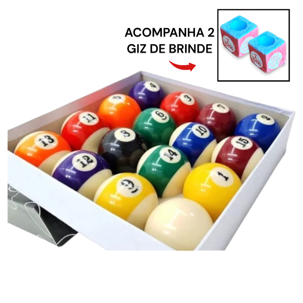 Jogo Bolas De Sinuca Bilhar Numerada Snooker 54mm Alta qualidade Bola Resina Qualidade Premium + 2 Giz Azul Bolão 57mm