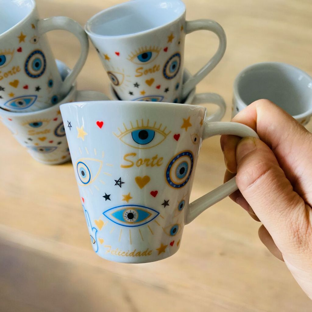 Kit 6 Xícaras Tulipa 120ml Café Porcelana Branca  Olho Grego