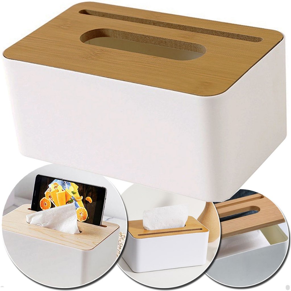 Caixa Porta Lenços Papel Retangular Bambu C/ Suporte Celular Retangular Guardanapo multifuncional