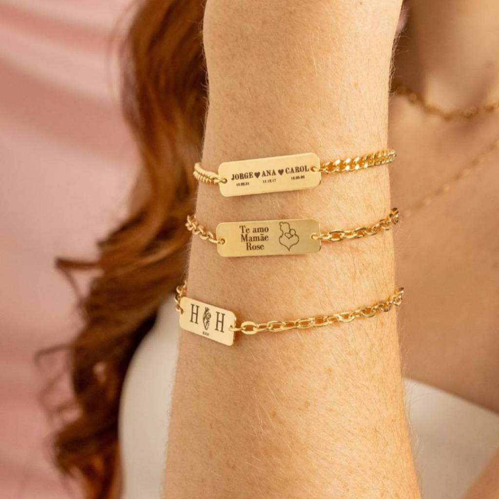 [ SEMI JOIA ] Pulseira Feminina Placa Personalizado Nome Data Frase Banhado Ouro 18k Alto Padrão Presente Mimo Dia em Oferta na Shopee