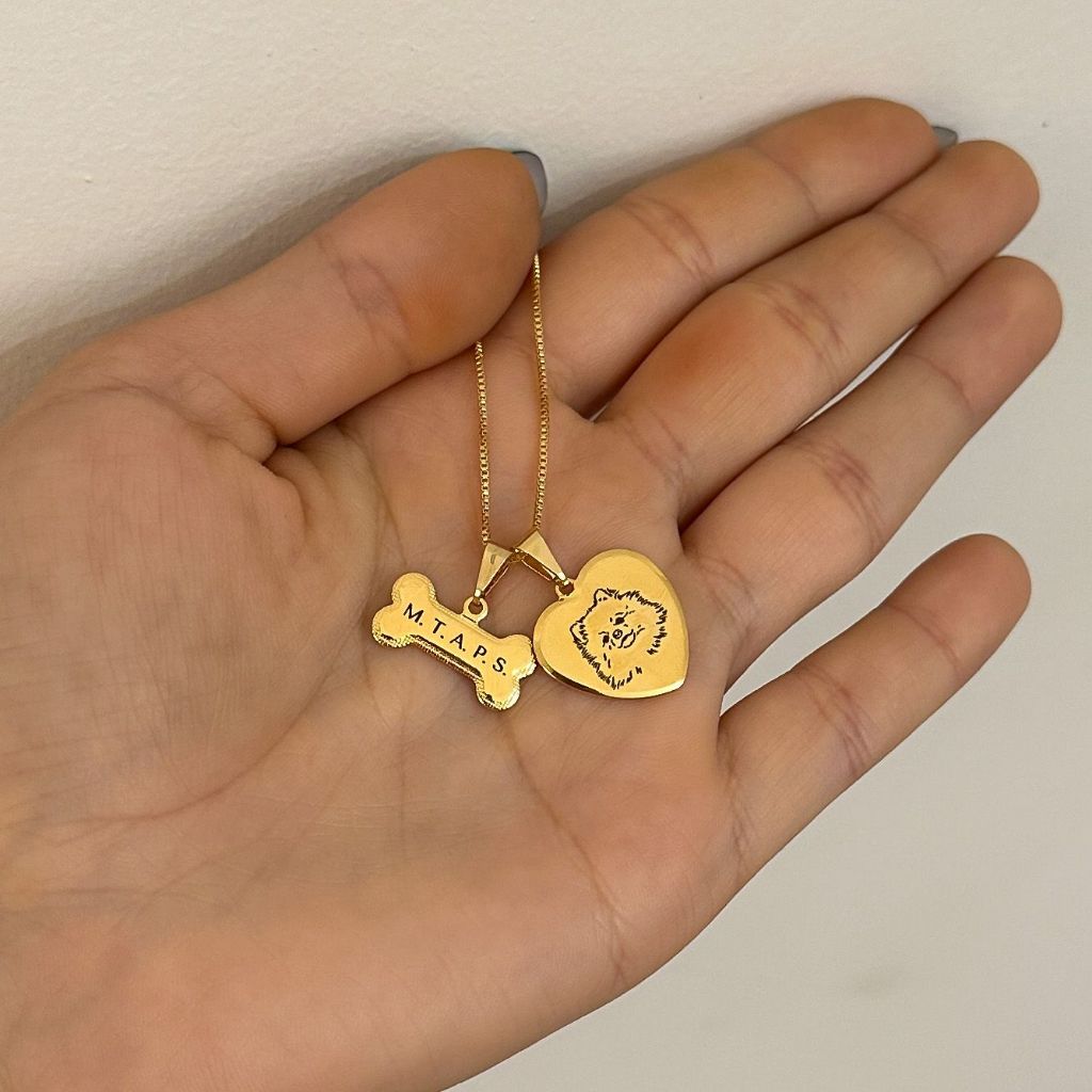 [ SEMI JOIA ] Colar Personalizado 2 Pingentes Foto e Nome Pet Banhado Ouro 18k Presente Dia das Mães