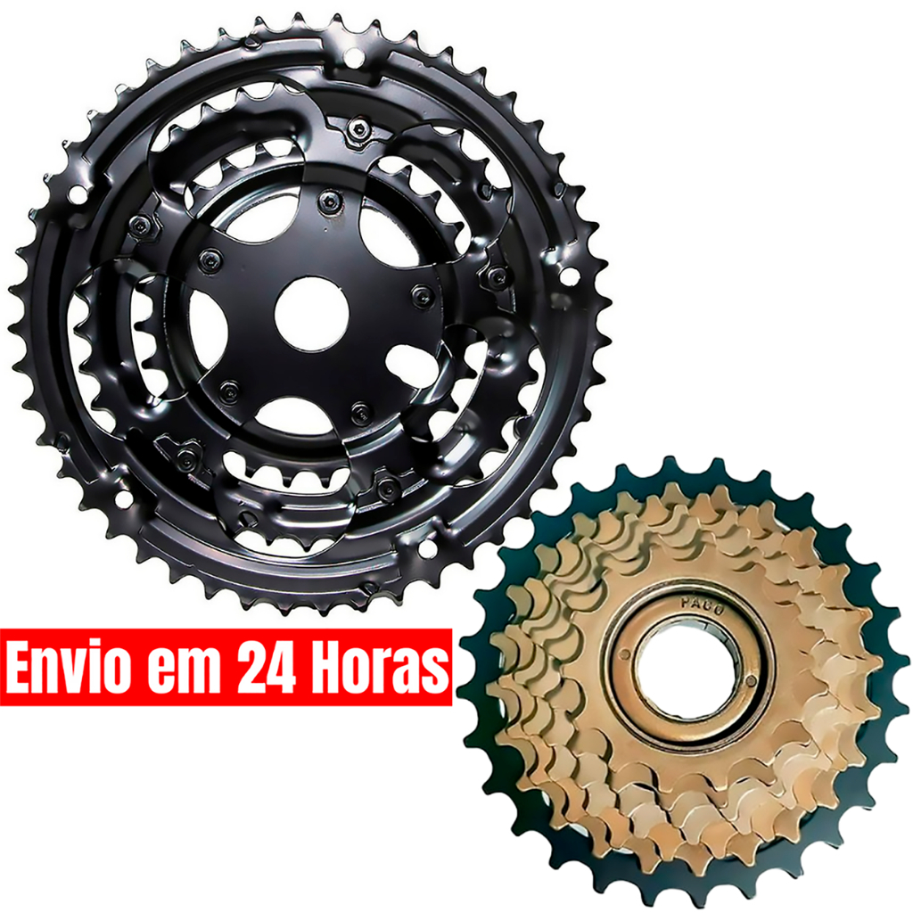 Coroa Tripla Aço 48D + Catraca Roda Livre de Rosca 6v Paco P/ Bike 18 Marchas