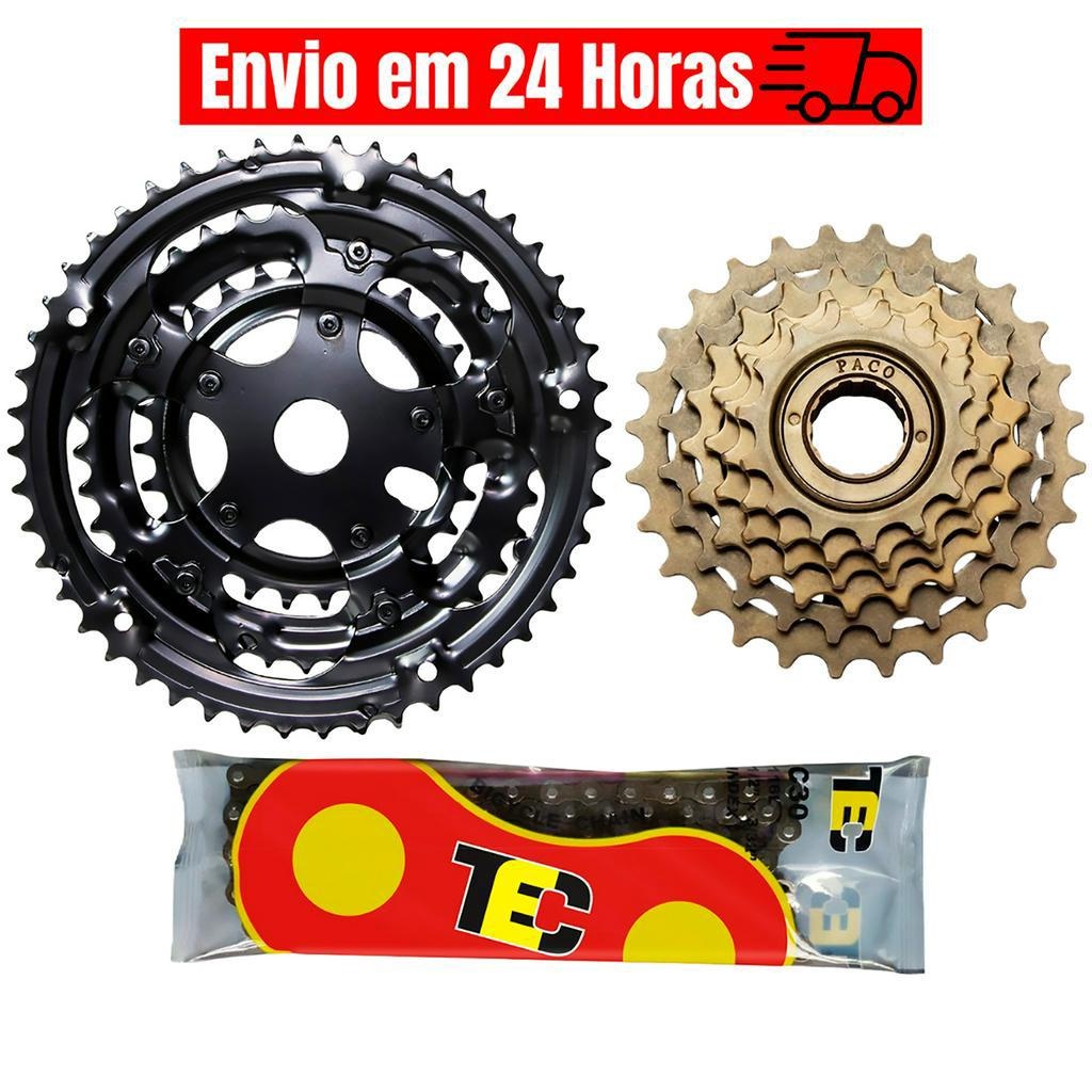 Kit Relação Bike 18 Marchas P/ Pedivela Monobloco - Coroa Tripla + Catraca 6v + Corrente Fina