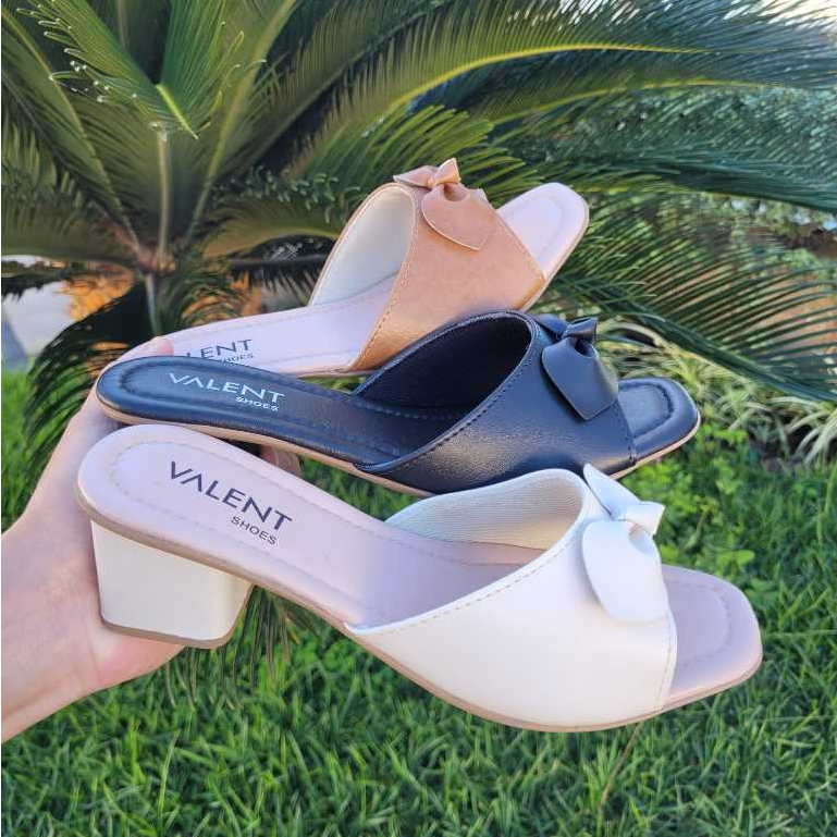 Kit 2 Sandália Tamanco Feminino com Laço Calce Facíl Leve Macio Salto Bloco Grosso Confortável