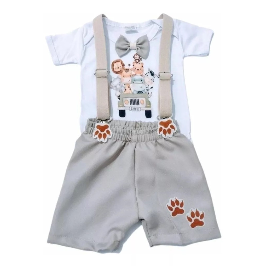 Conjunto Safari Menino Festa Aniversário Temático 3 Peças Camiseta, Short e Suspensório