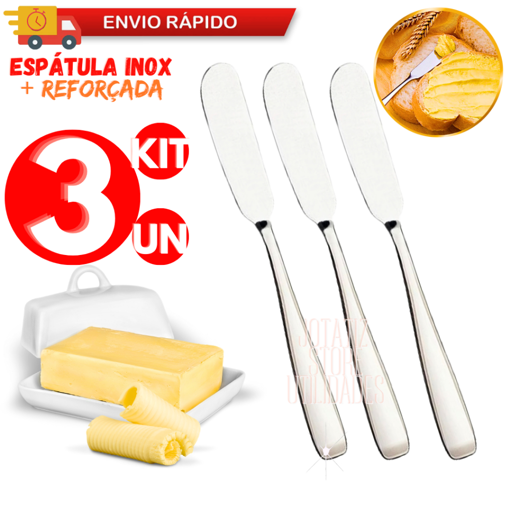 Kit 3 Espátulas Para Manteiga Geleia Patê Antepasto Em Aço Inox Premium Para Casa Cozinha Bar Restaurante Lanchonete