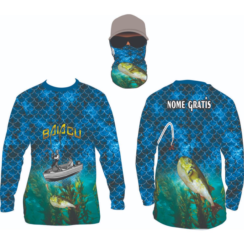 blusa camisetas baiacu pesca nome gratis e bandana ref26