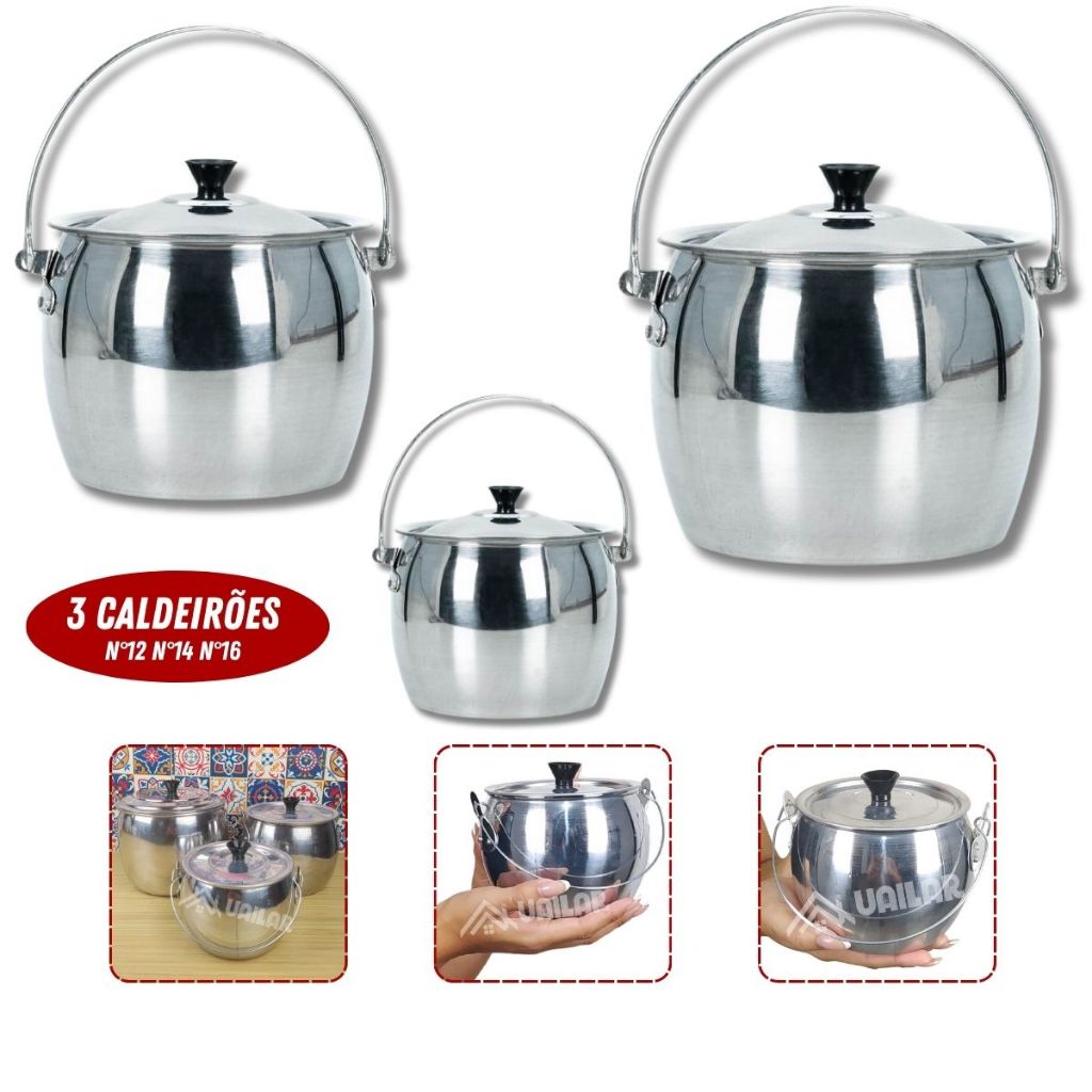 Kit 3 caldeirão bojudo pequeno de aluminio N12 N14 N16