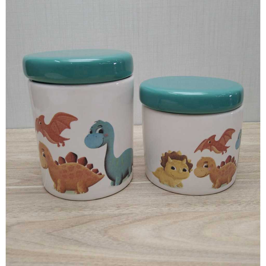 Par de Potes de Porcelana Porta Algodão e Cotonete Dinossauro com Tampa Verde Tiffany para Kit Higiene Bebe ou Lavabo